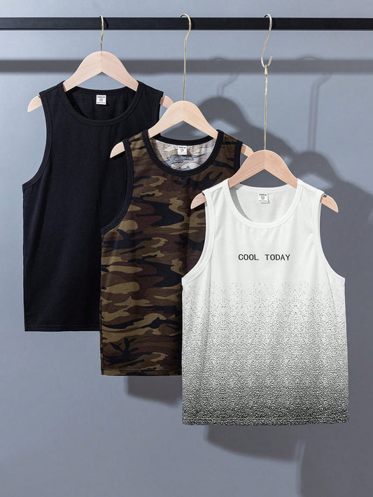 3pcs Baggy Teen Boys' Sporty Ombre Camouflage Pattern Knitted Round Neck Vest Set