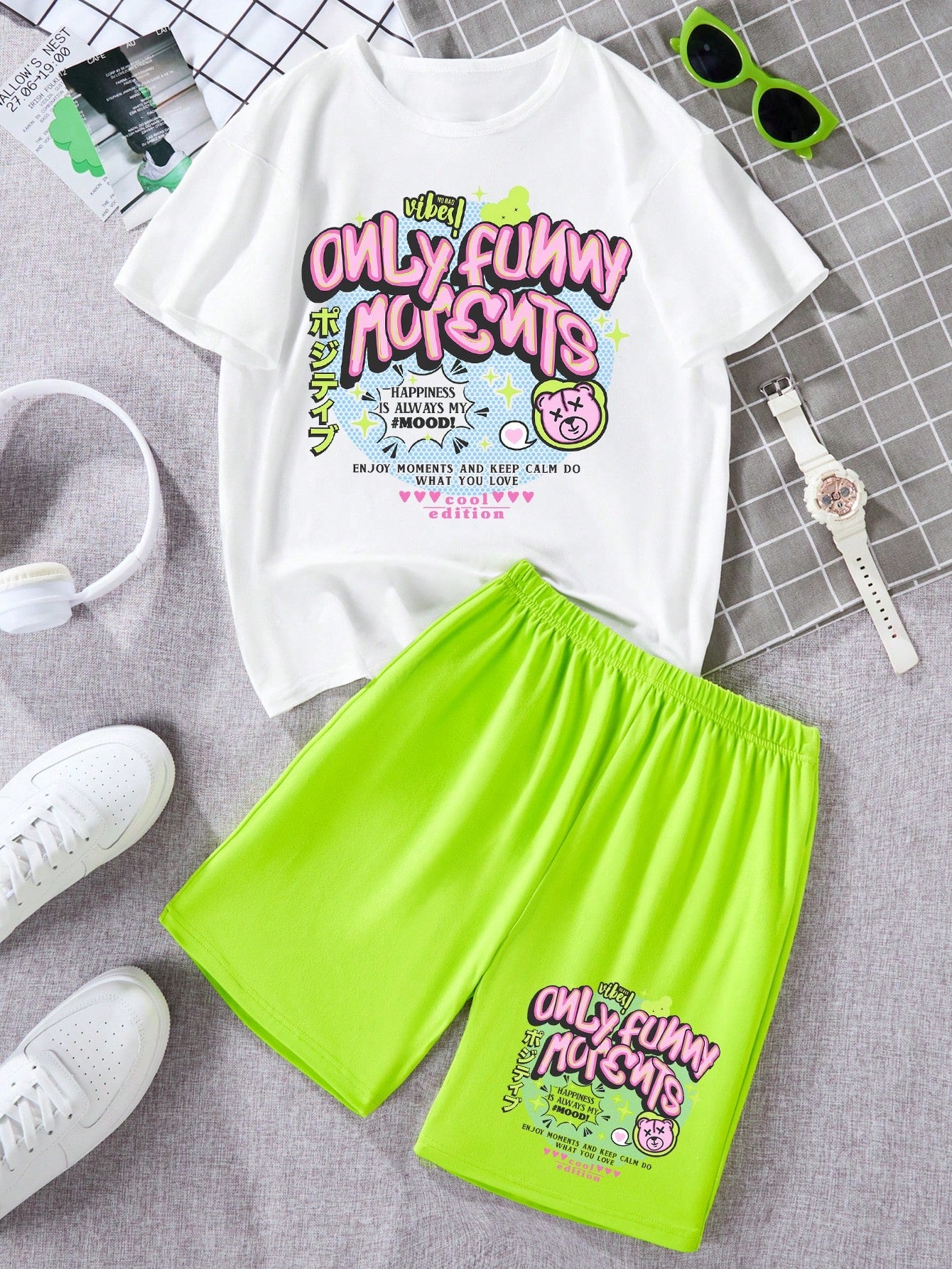 Tween Girl Cartoon Slogan Print Short Sleeve Casual T-Shirt And Shorts 2pcs/Set For Summer