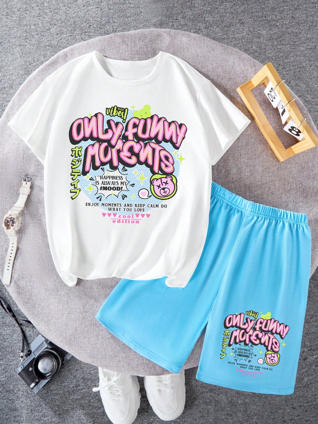 Tween Girl Cartoon Slogan Print Short Sleeve Casual T-Shirt And Shorts 2pcs/Set For Summer