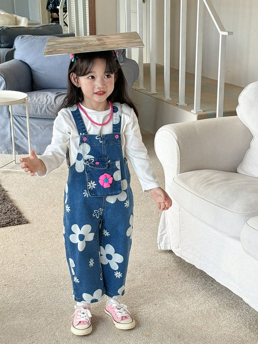 Kids Young Girl Boho Floral Graphics Contrast Buttons  Adjustable Strap Balloon Fit Denim Overalls