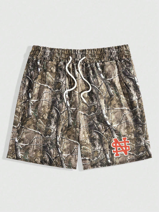 Men Branch Print Drawstring Waist Shorts, School