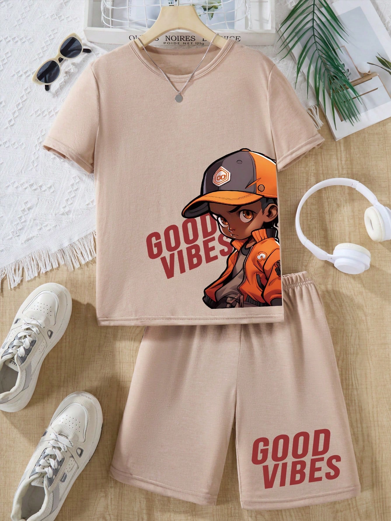 Tween Boy Casual Fashionable Summer Letter & Cartoon Character Printed Short Sleeve T-Shirt And Shorts Outfit