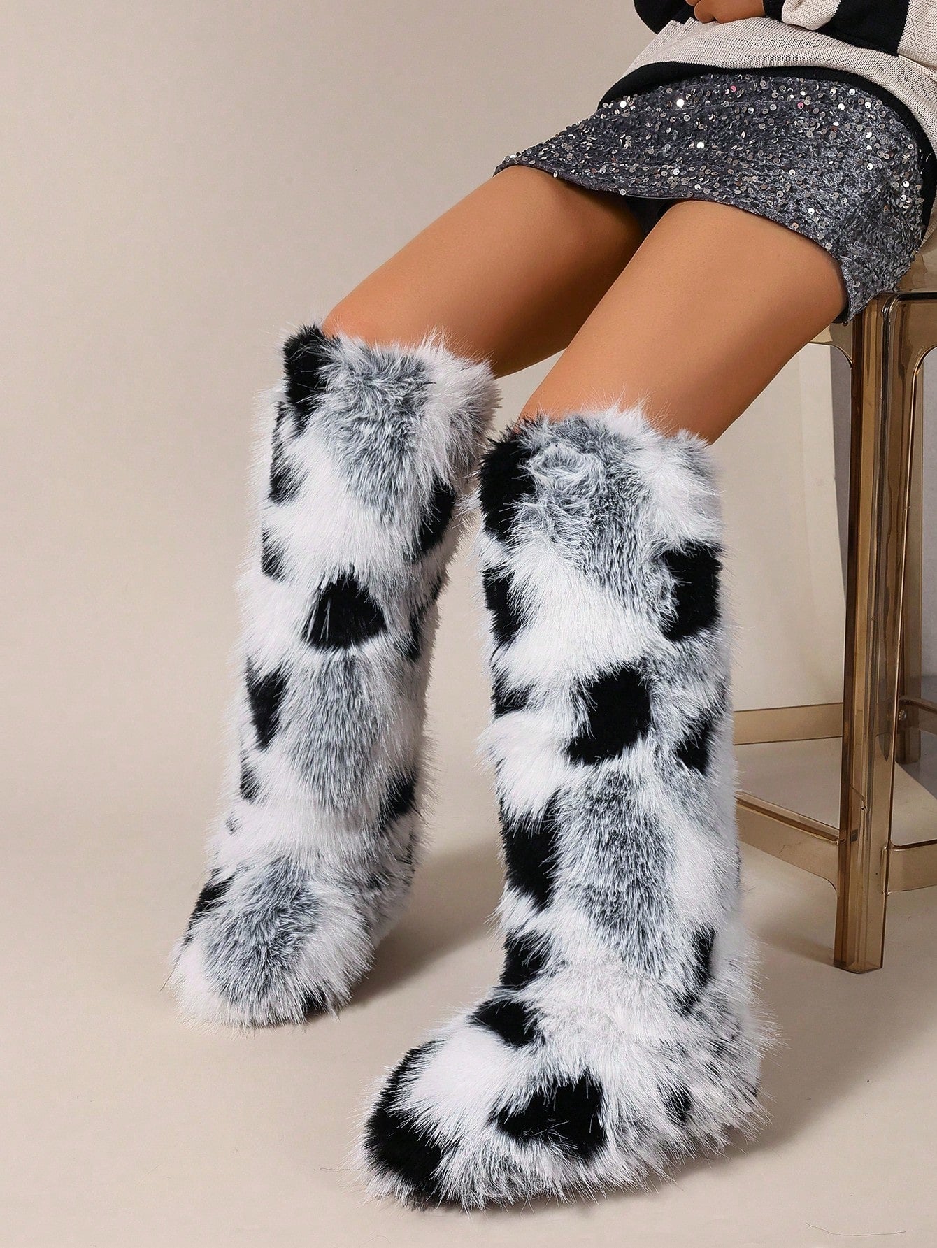 Women Winter Boots, Faux Fur Flat Snow Boots, Over The Knee Boots, Black & White Knee-High Boots, Furry Boots