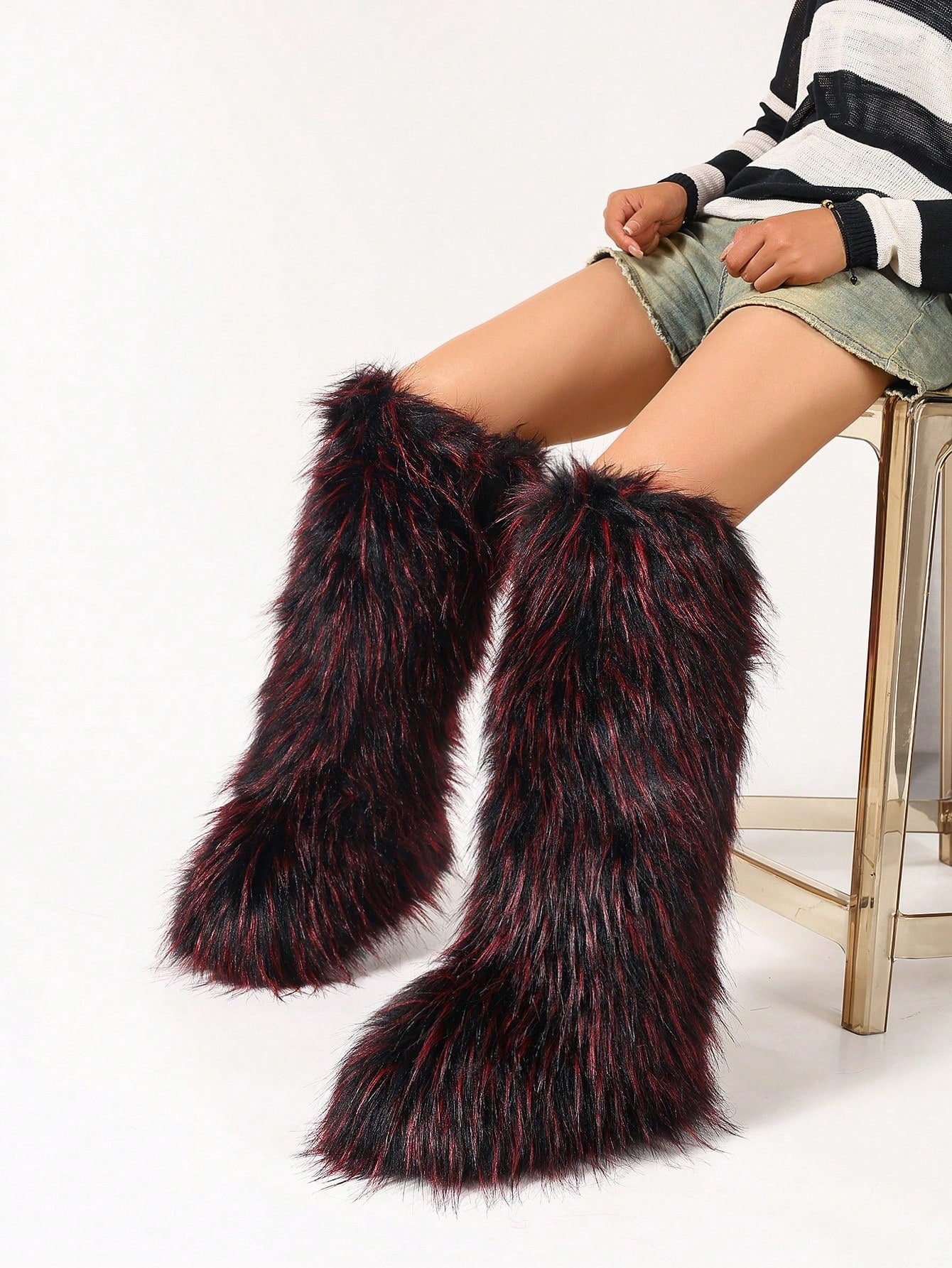 Women's Winter Faux Fox Fluffy Flat Snow Boots Knee-High Black Booties Furry Boots Female Footwear