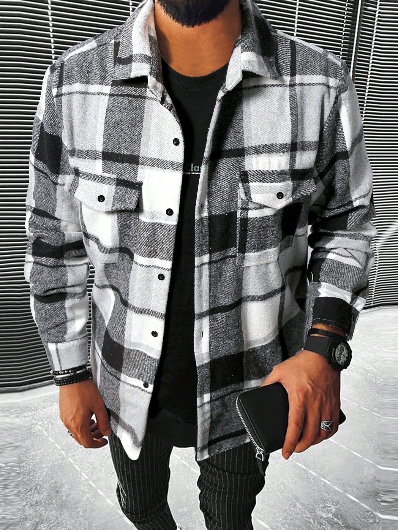 Men's Spring & Autumn Casual Plaid Flip Pocket Shirt Jacket