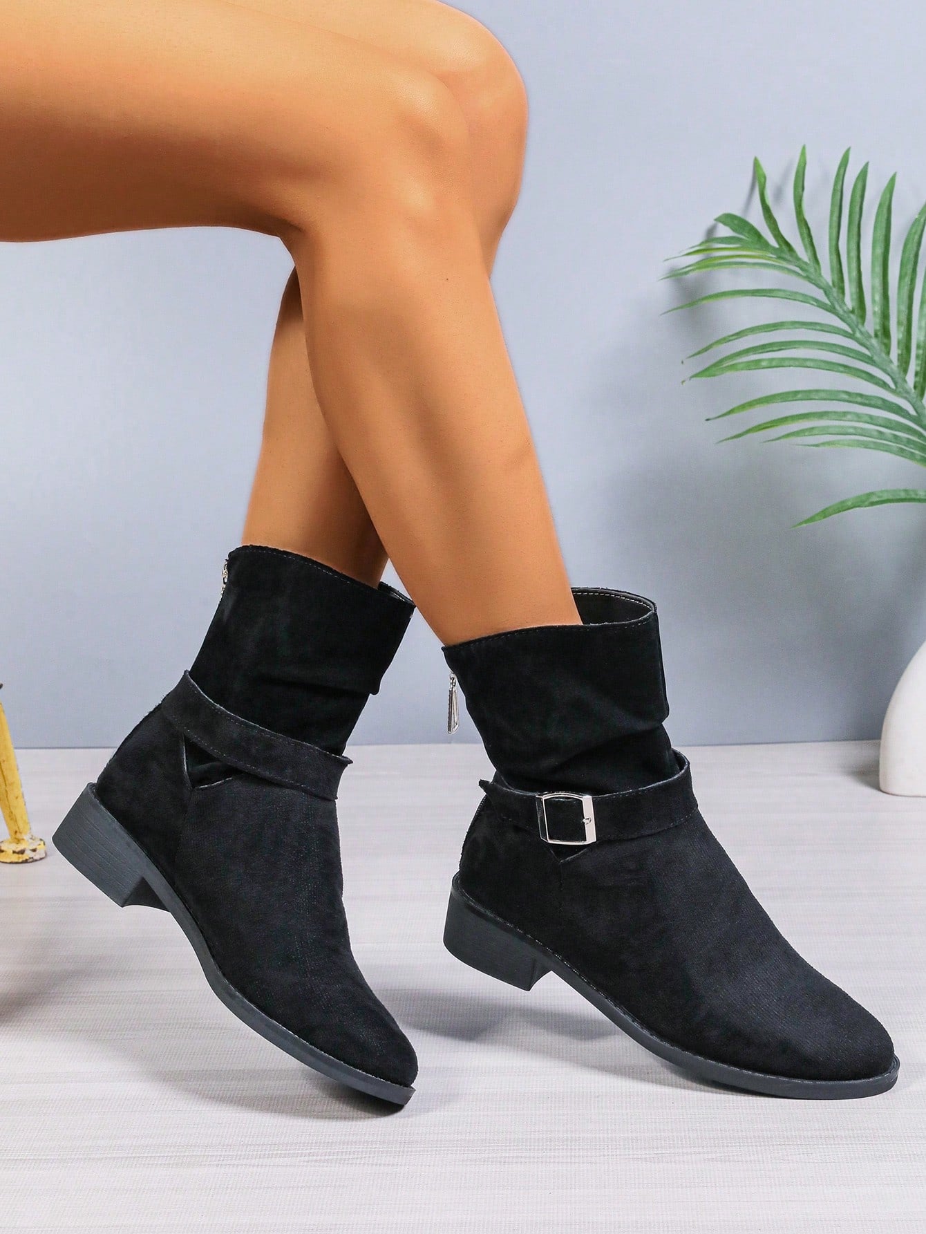 New Ladies' Comfortable Casual Sheep Velvet Chunky Heel Pointed Toe Ruched Boots, Slimming Effect