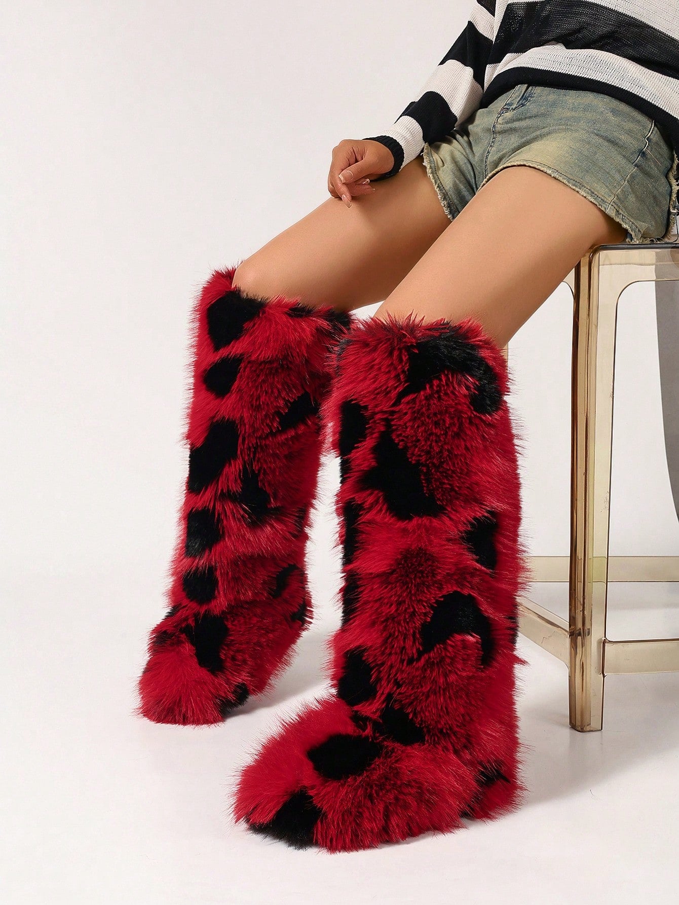 Women Winter Boots, Faux Fur Flat Snow Boots, Over The Knee Boots, Black & White Knee-High Boots, Furry Boots