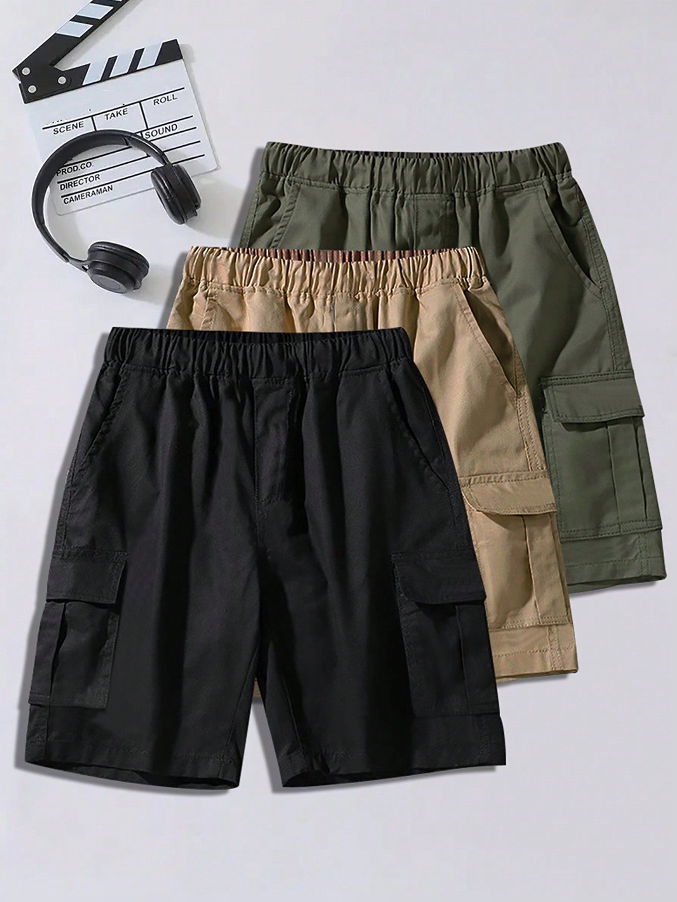 3pcs Tween Boy Casual Sporty Outdoor Pocketed Work Shorts, Spring/Fall