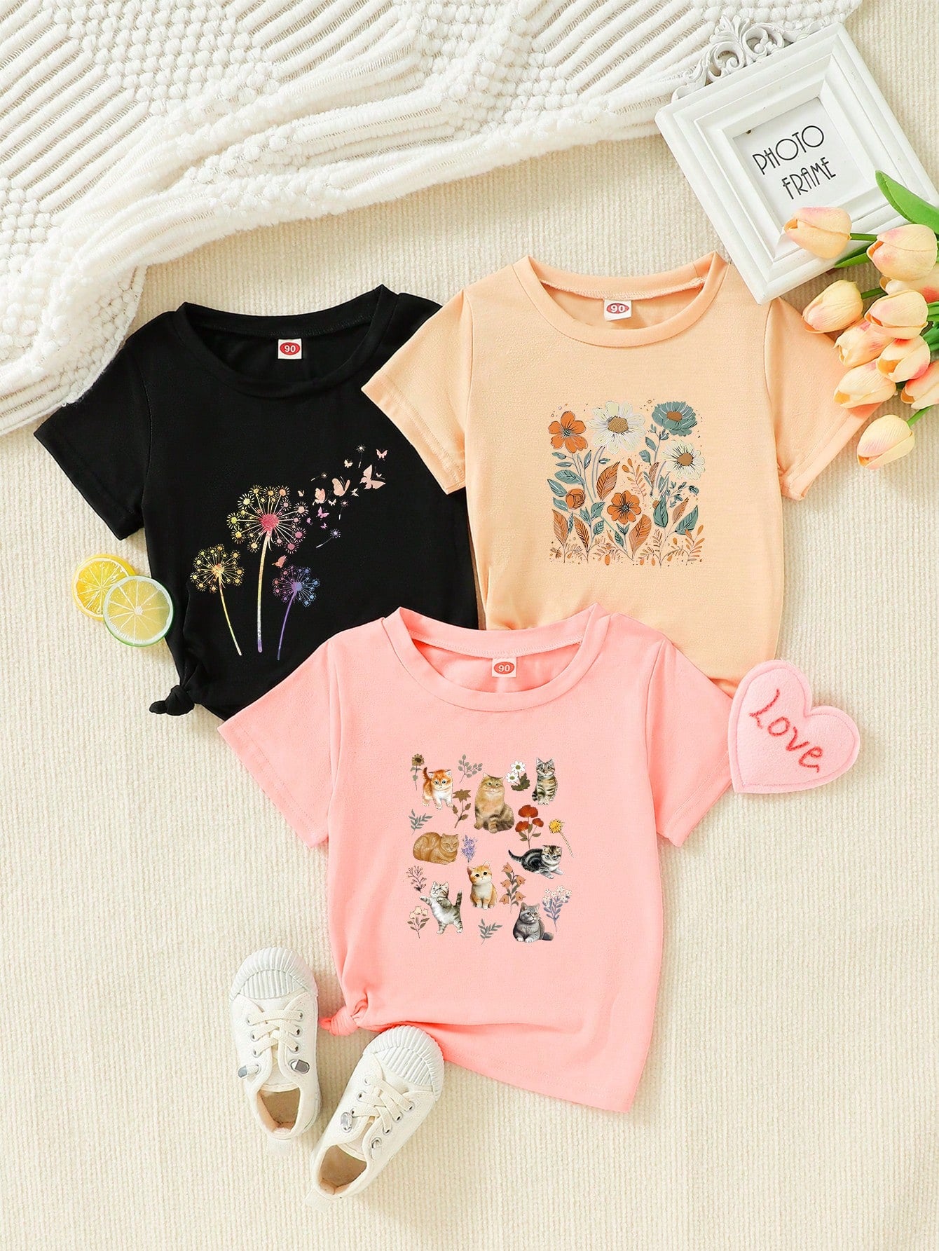 3pcs/Set Tween Girls' Summer Leopard Print Heart Shaped Camera & Floral Patterned T-Shirts