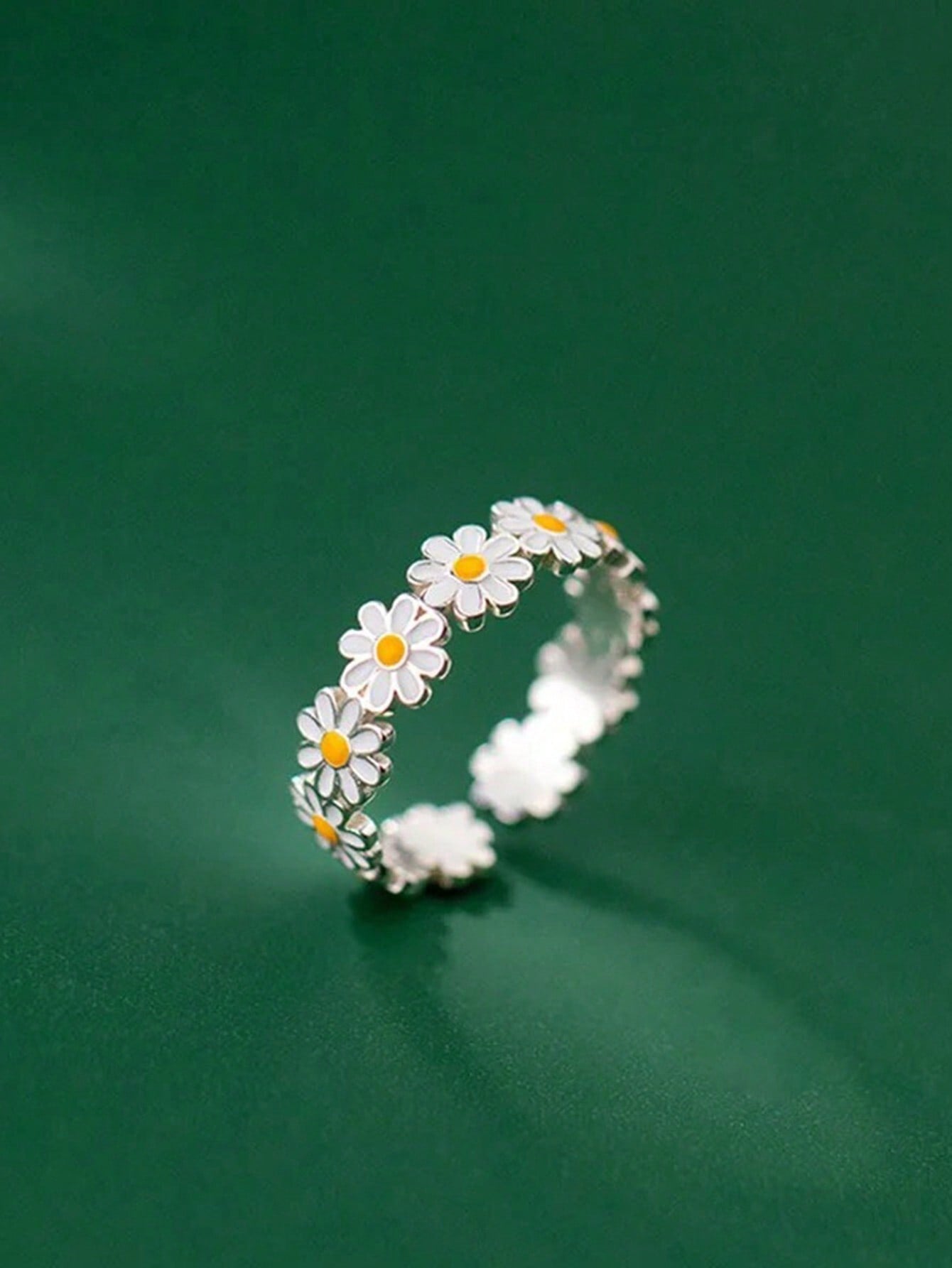 Sterling Silver Adjustable Fit Ring - Unique Bohemian Inspired Design With Vibrant Enamel Details And Delicate Floral Band Pattern - Fresh White Summer Daisy Motif, Ideal Vacation Fashion Jewelry For Women