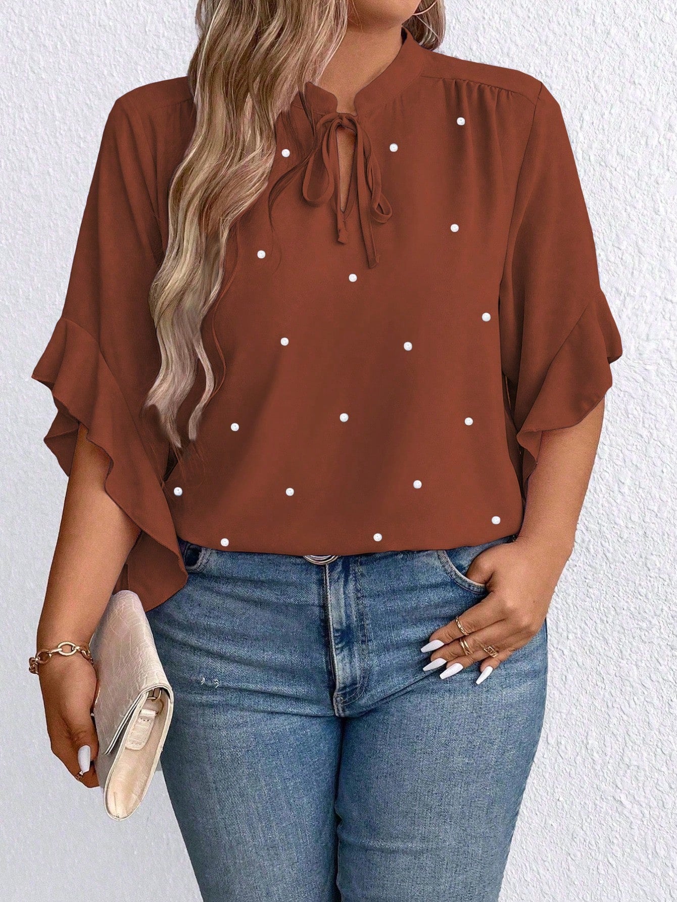 Plus Size Tie Neck Ruffle Sleeve Faux Pearl Button Shirt