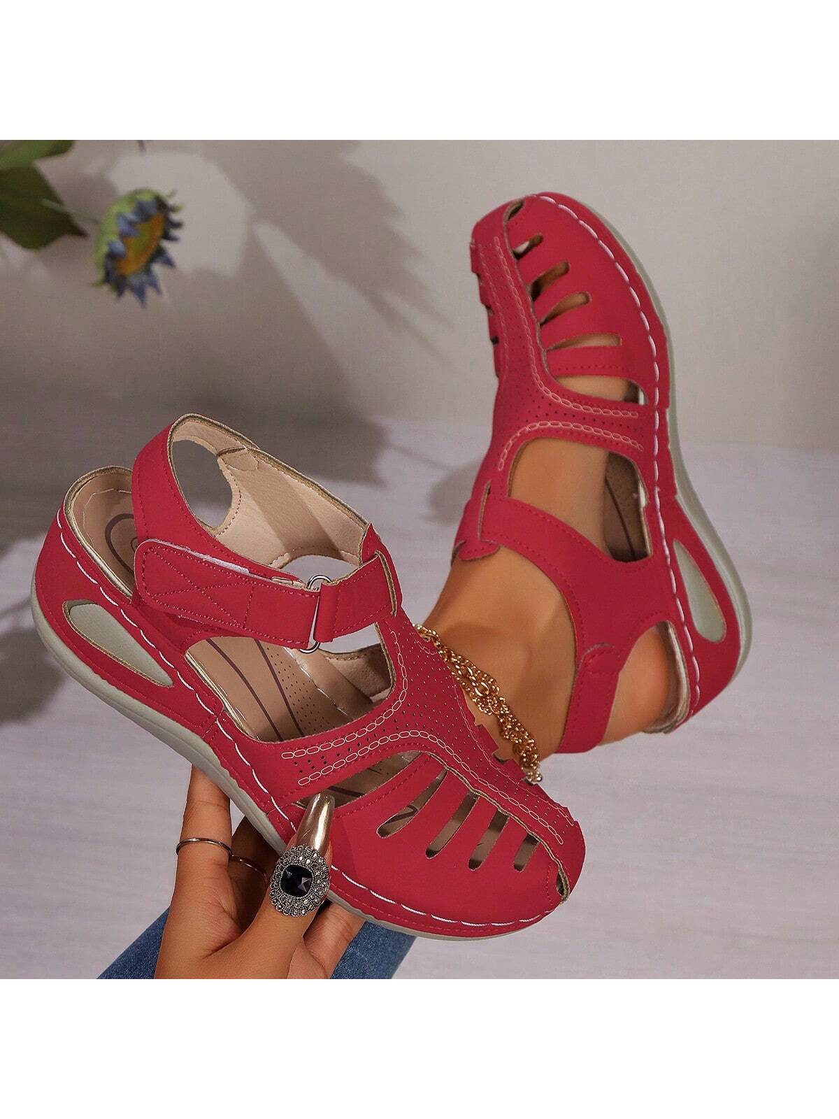 New Plus Size Summer Cross-Border Casual Closed Toe Women's Sandals, Medium Heel, Hook And Loop Strap, Wedge Heel, European And American Style