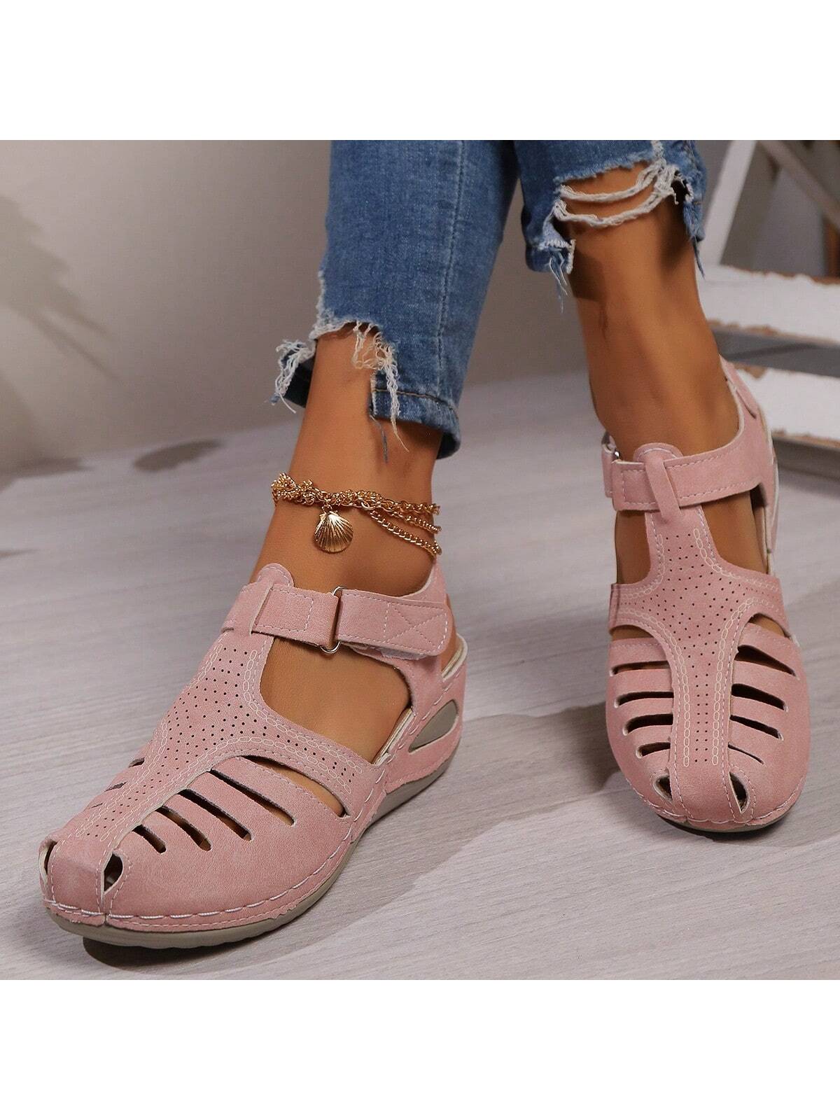 New Plus Size Summer Cross-Border Casual Closed Toe Women's Sandals, Medium Heel, Hook And Loop Strap, Wedge Heel, European And American Style