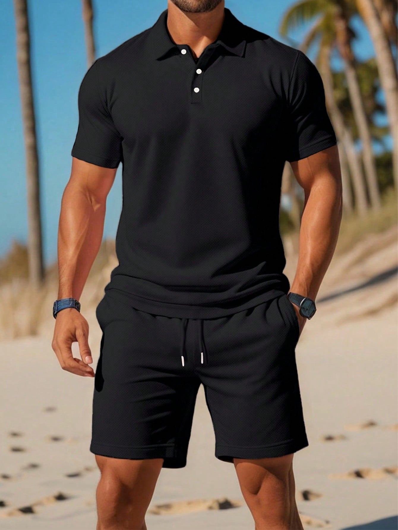 Men Summer Solid Color Casual Polo Shirt And Drawstring Waist Shorts Set