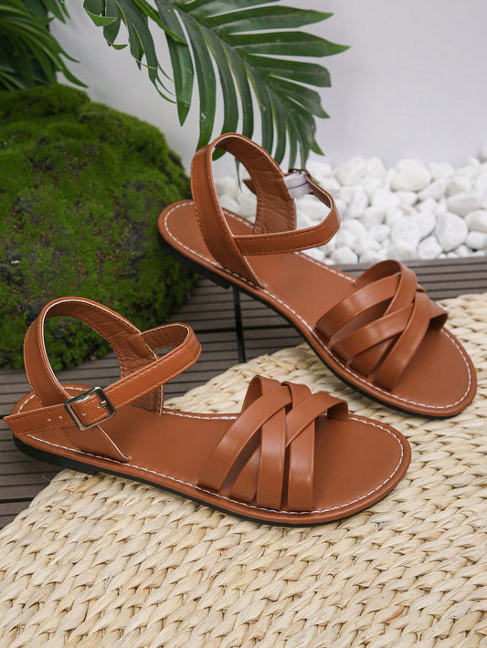 1pair Girls' Round Toe Flat Sandals, Hollow-Out Closed Toe Roman Shoes, Casual Shoes