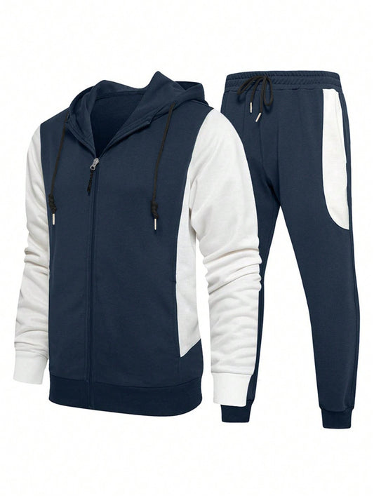 Men's Plus Size Hooded Zipper Sweatshirt Set With Long Sleeve Top And Drawstring Joggers