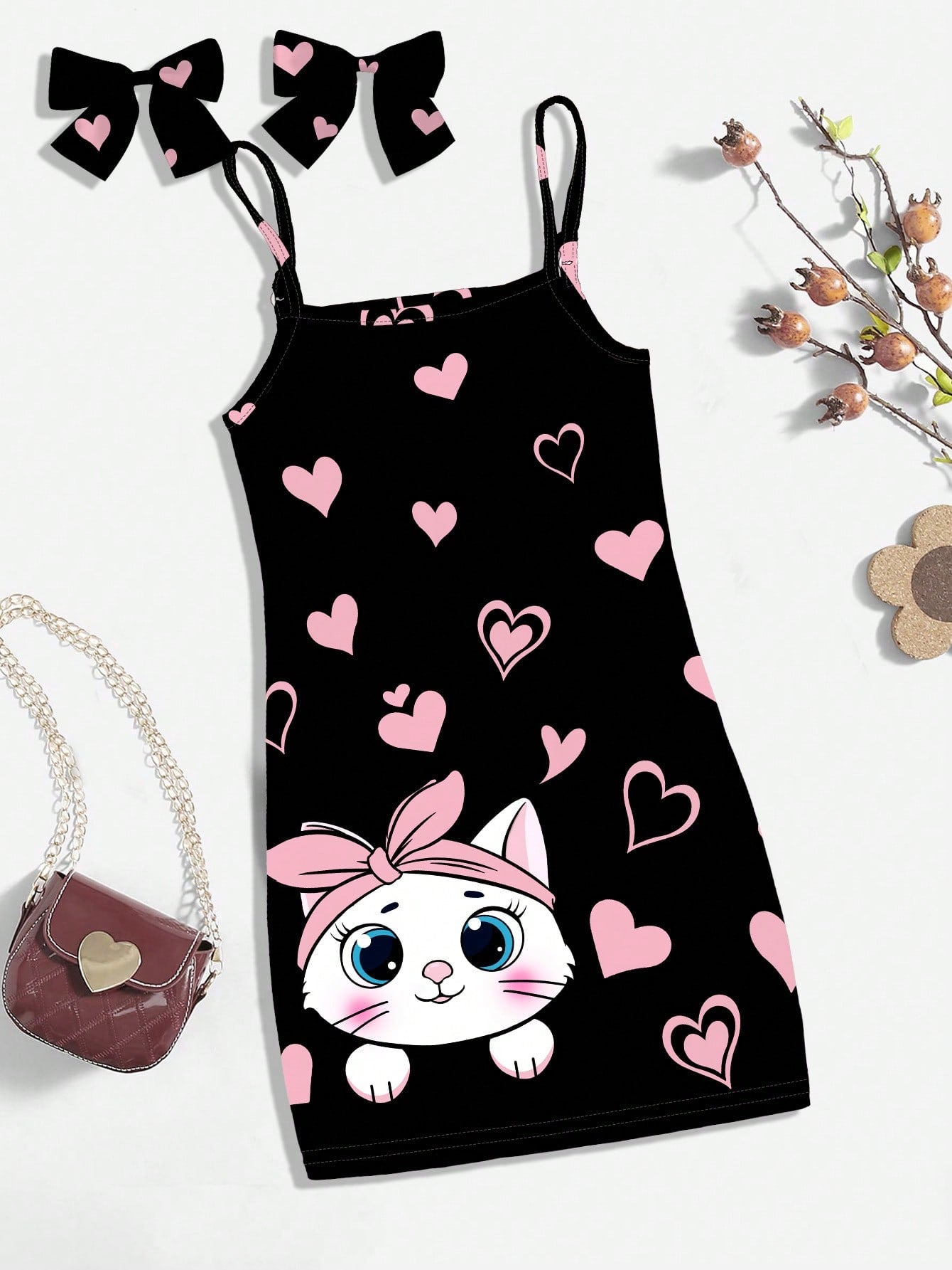 Young Girl Pink Cat Heart Printed Cartoon Dress, Casual Cami Dress Suitable For Summer