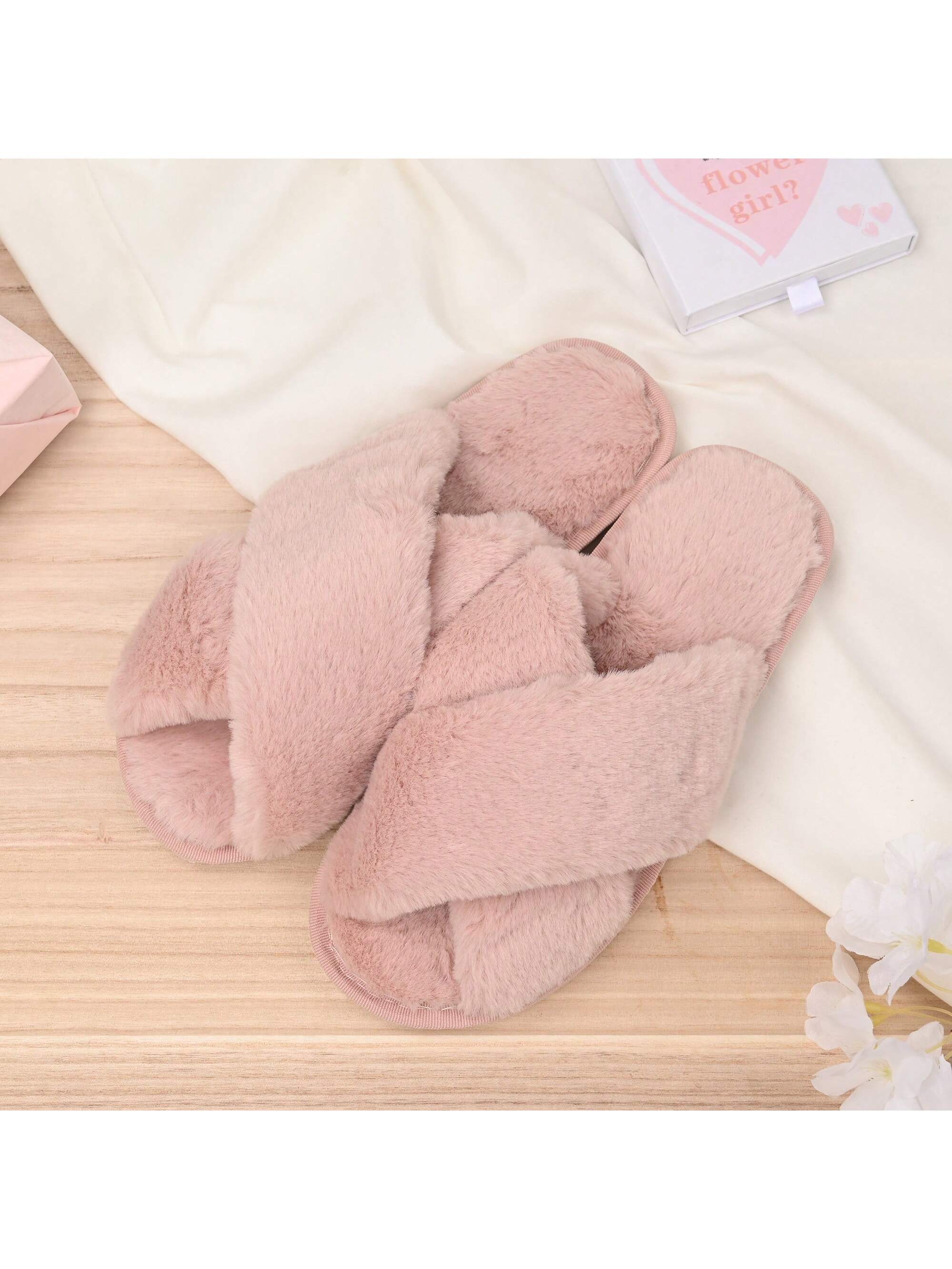 Women's Cross Strap Slippers Plush Soft Home Slippers Plush Warm Cozy Open Toe Fluffy Household Shoes Cozy Indoor Outdoor Non-Slip Breathable, Bride Slippers, Bride To Be Gift, Bridesmaid Gift, Bachelorette Party, Fluffy Slippers, Gifts For Mom,  Bridesma