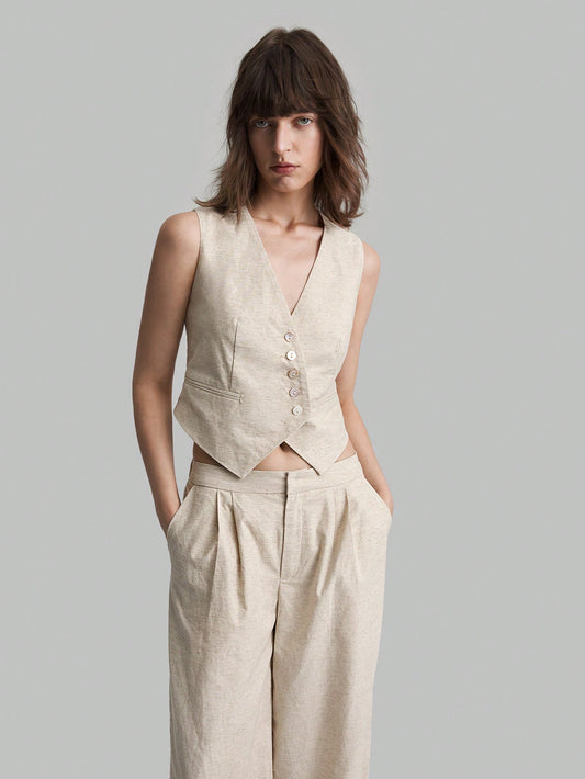 Ontre Solid Vest Blazer & Slant Pocket Wide Leg Suit Pants