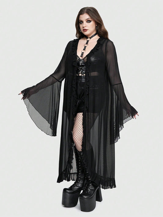 Goth Elegant And Sexy Beach Cover-Up With Hollow-Out Design, See-Through, Romantic Flounce Hem, Bow Tie, Bell Sleeves, Loose Fit And Versatile, Pure Black, Plus Size Women's Kimono