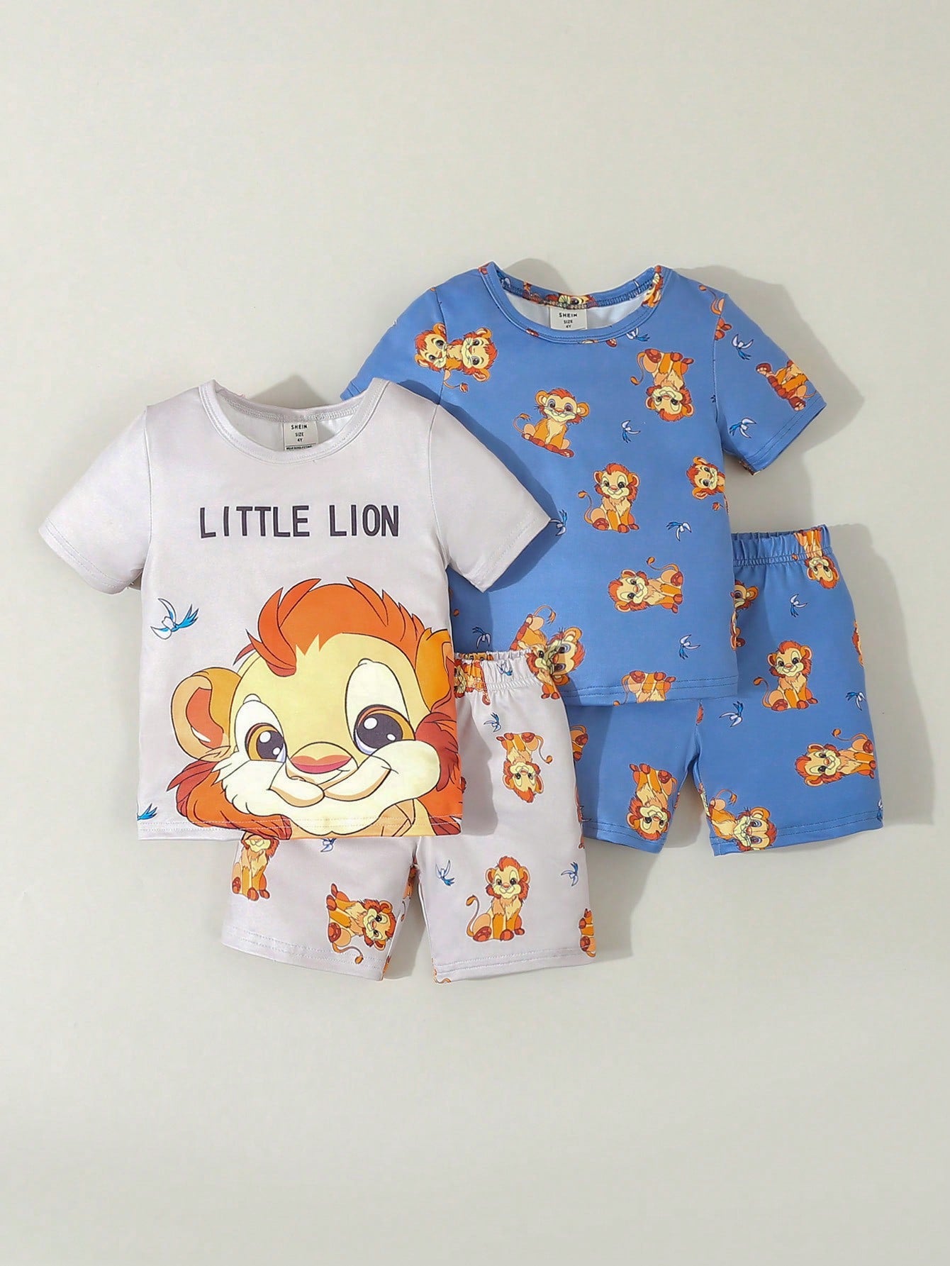 Young Boy Simple And Cute Cartoon Lion Printed Round Neck Short Sleeve T-Shirt With Shorts, 2-Piece Casual And Home Wear Outfit