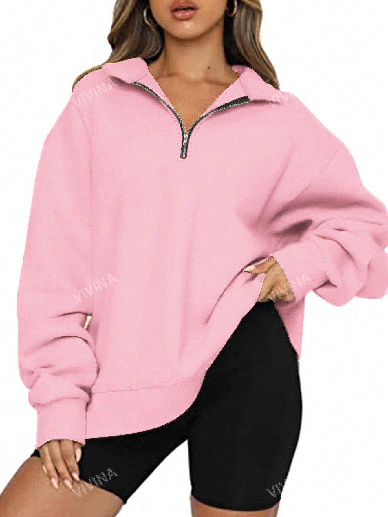 Plus Size Collared Zipper Casual Long Sleeve Pullover Sweatshirt