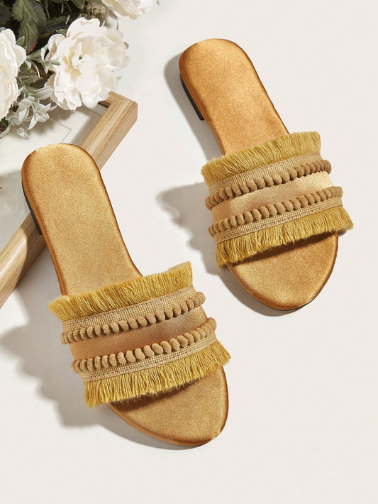 Mustard Yellow Suede Ball Fringe Decoration Bohemian, Vacation Style Women's Flat Sandals. Fringe Length And Number May Vary.