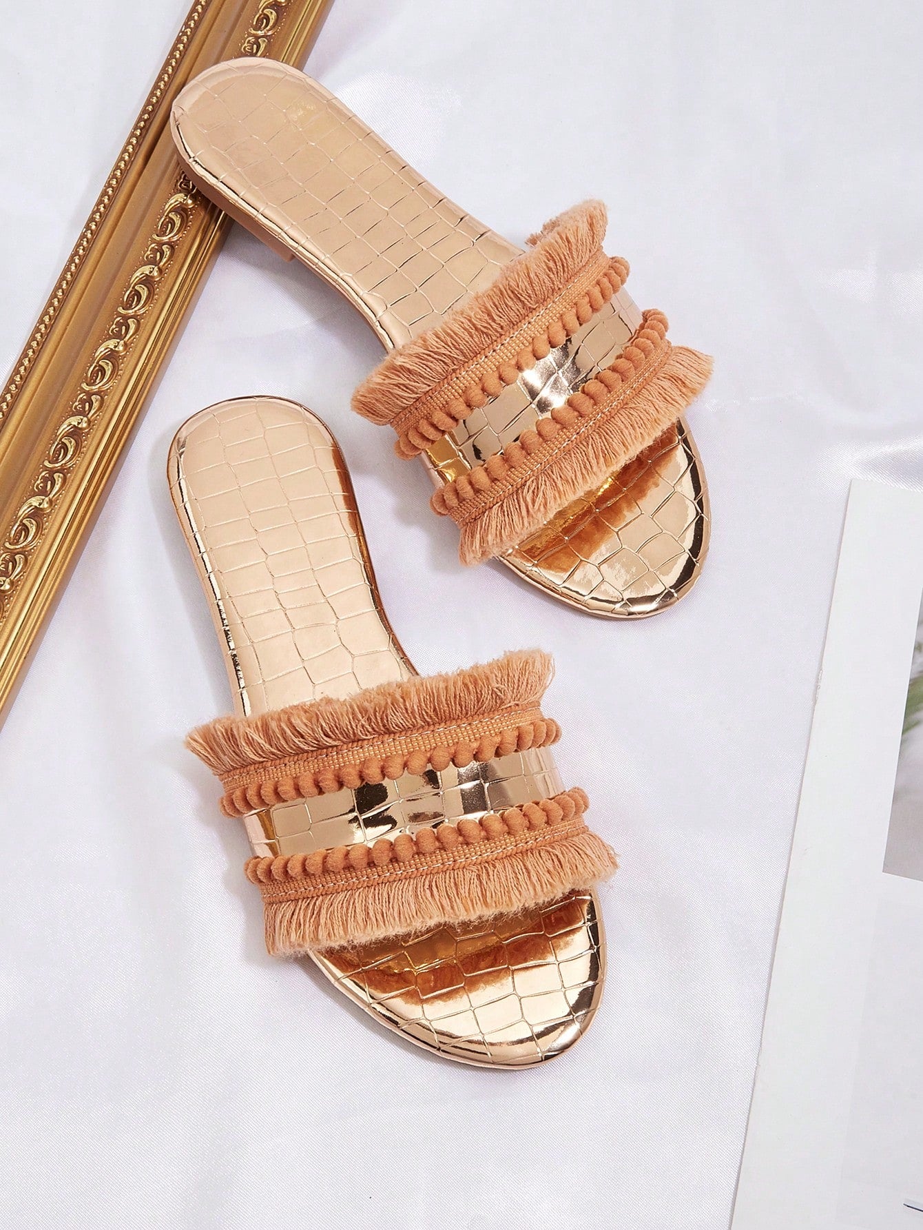 Mustard Yellow Suede Ball Fringe Decoration Bohemian, Vacation Style Women's Flat Sandals. Fringe Length And Number May Vary.