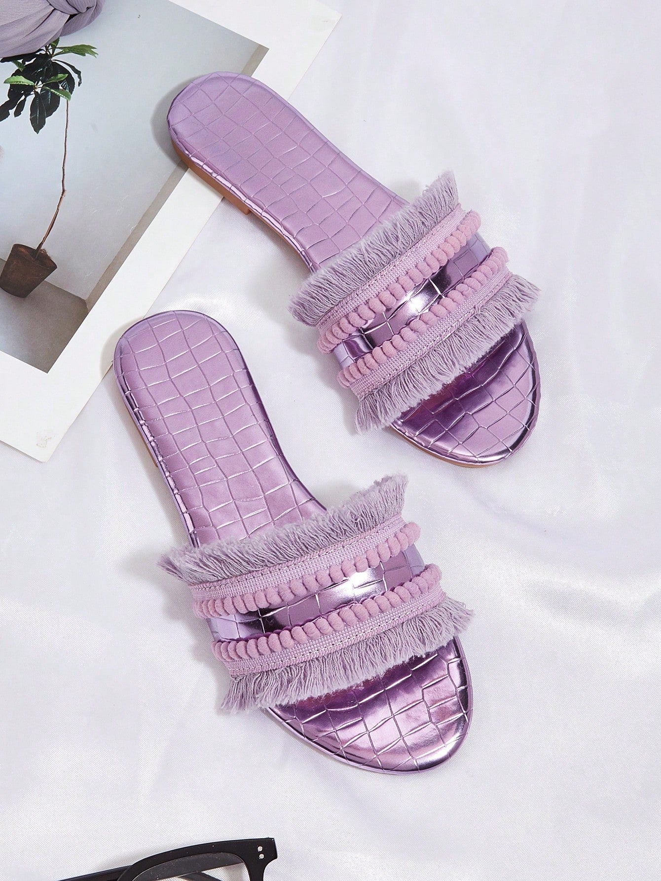 Lilac Suede Ball Fringe Decorated Bohemian Style Flat Sandals For Women,  & Vacation Style. Random Length And Quantity Of Fringe Balls.