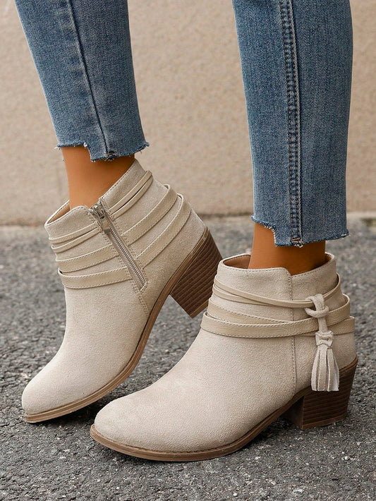 Beige Ribbon Fringe Side Zipper Mid-Heel Round Toe Versatile New Elegant Women's Ankle Boots And Short Boots