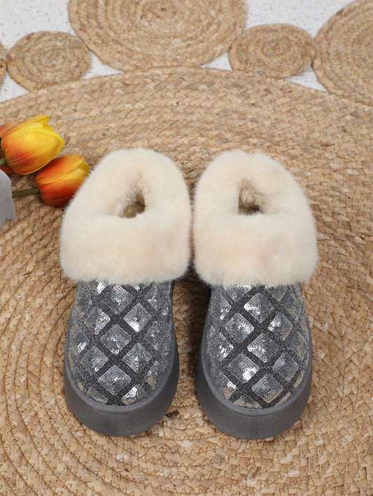 Women's Winter Snow Boots, Round Toe, Comfortable Fabric, Plush Lining, Slip-On, Thickened And Fur-Lined, High Sparkling Sequins, Low Heel, Women's Knee-High And Over-The-Knee Boots