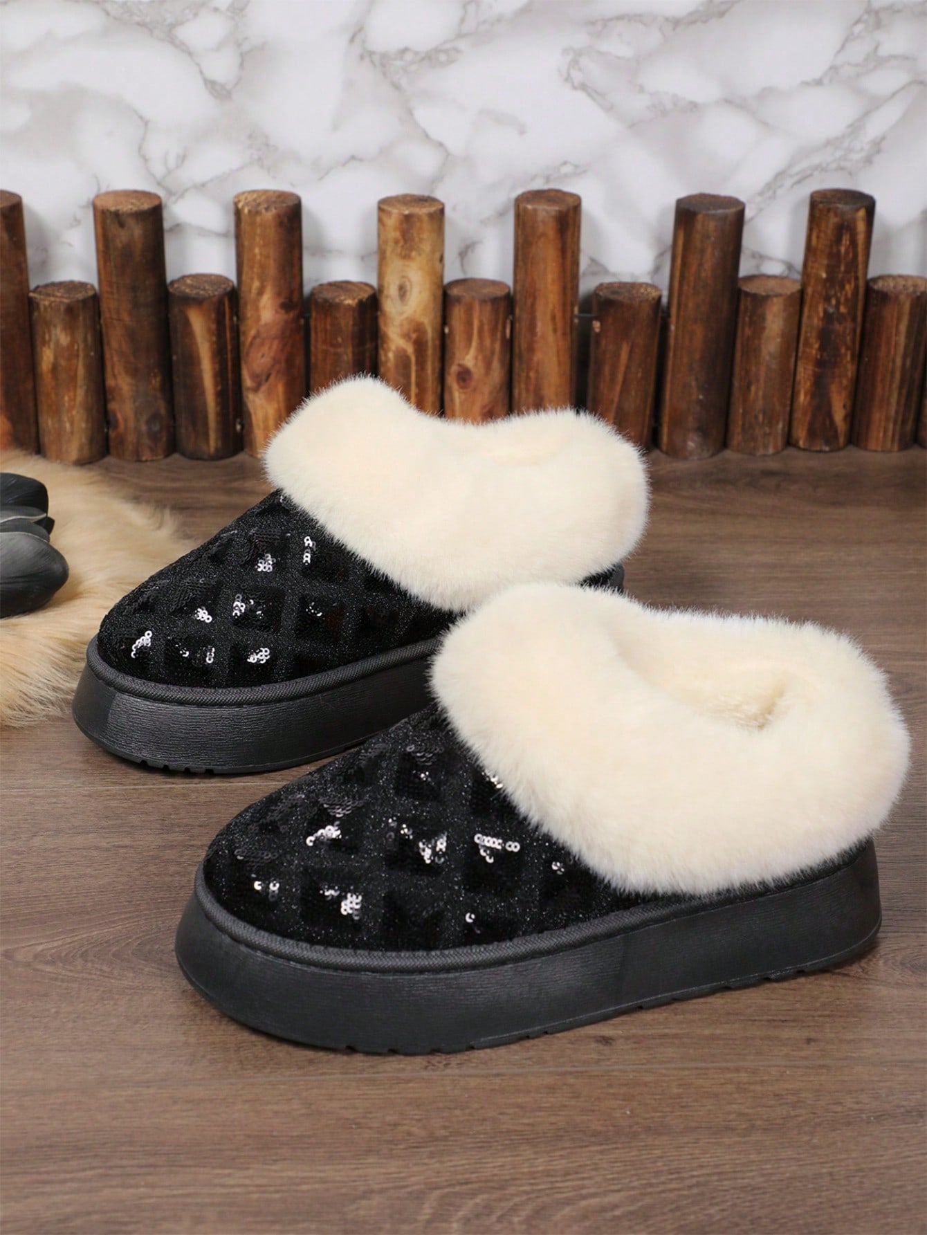 Women's Winter Snow Boots, Round Toe, Comfortable Fabric, Plush Lining, Slip-On, Thickened And Fur-Lined, High Sparkling Sequins, Low Heel, Women's Knee-High And Over-The-Knee Boots