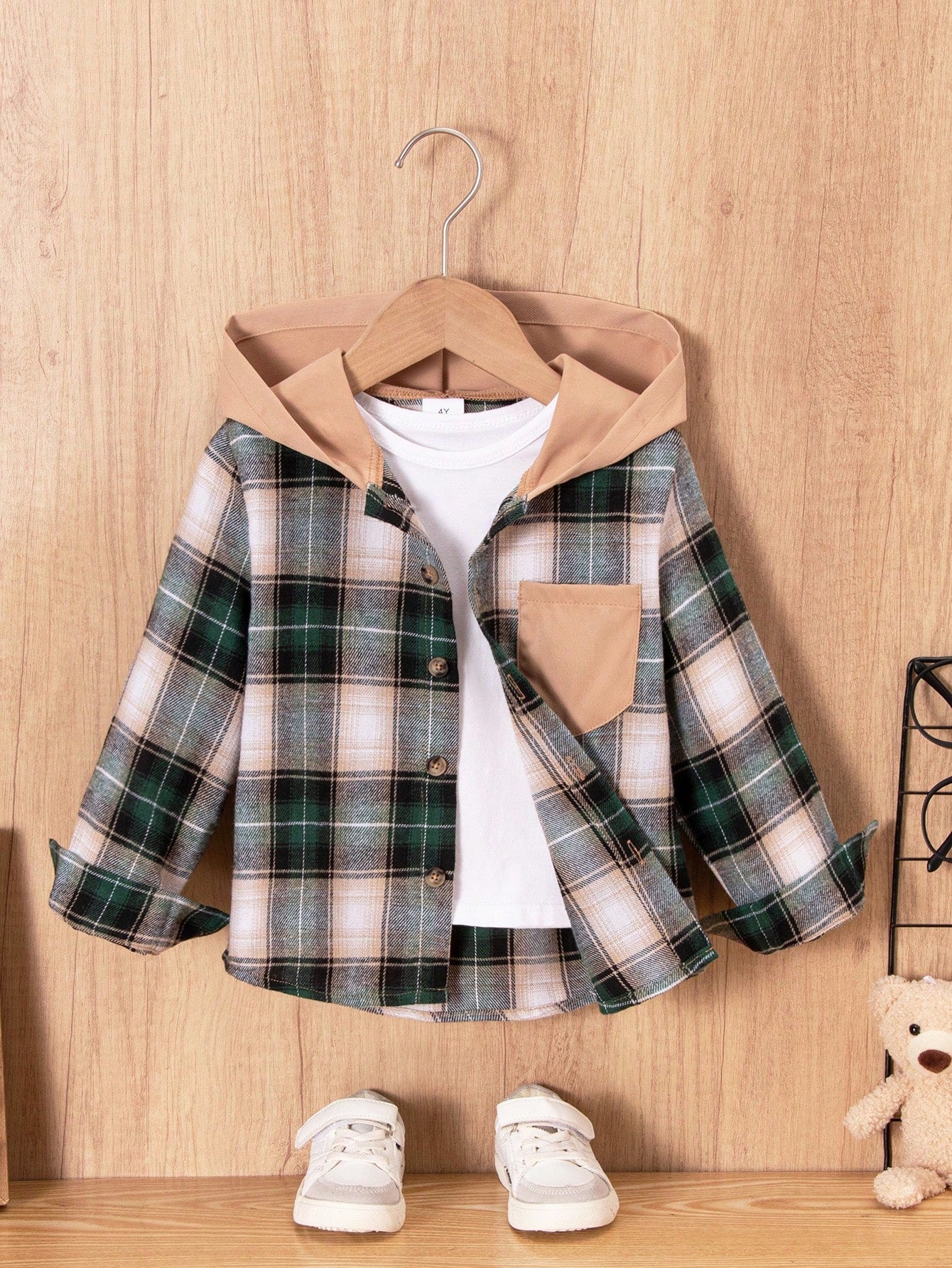 Young Boy Casual Green Plaid Hooded Shirt Jacket, Autumn, Suitable For Everyday Wear And Travel