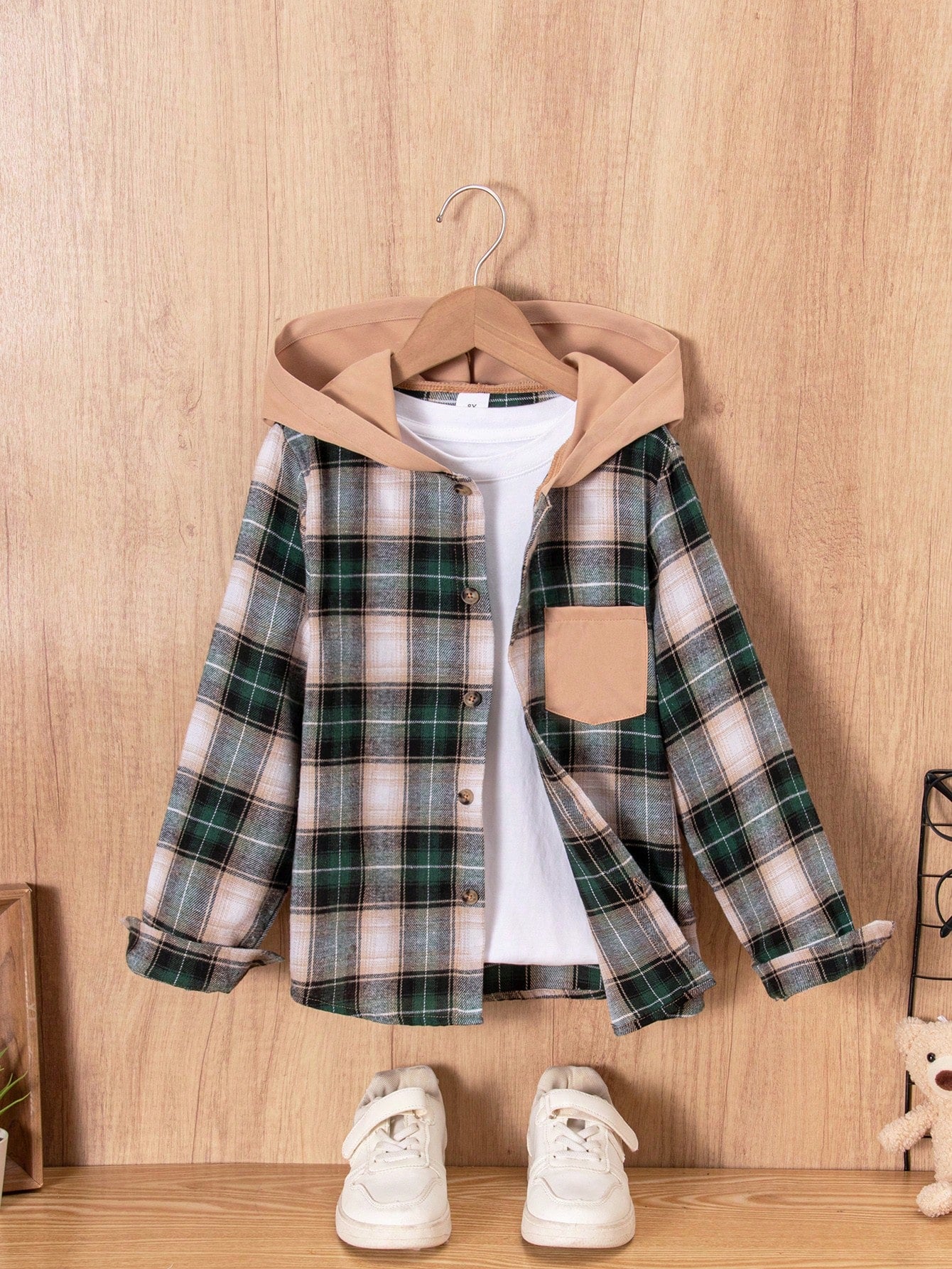 Tween Boy Casual & Green Plaid Patch Hooded Shirt Jacket, Autumn, Suitable For Daily Wear And Vacation