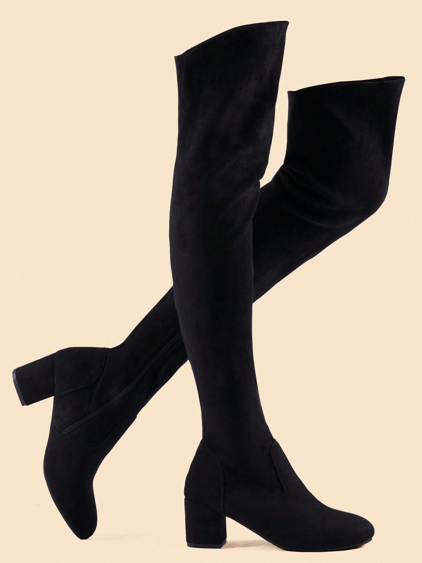 Stretch Suede Thigh High Boots Chunky Heel Over The Knee