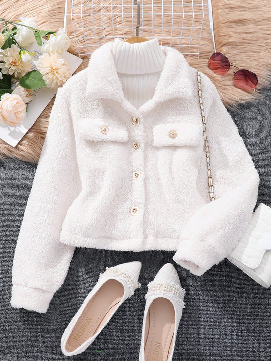 Tween Girl Clean Long Sleeve Furry Collar Jacket