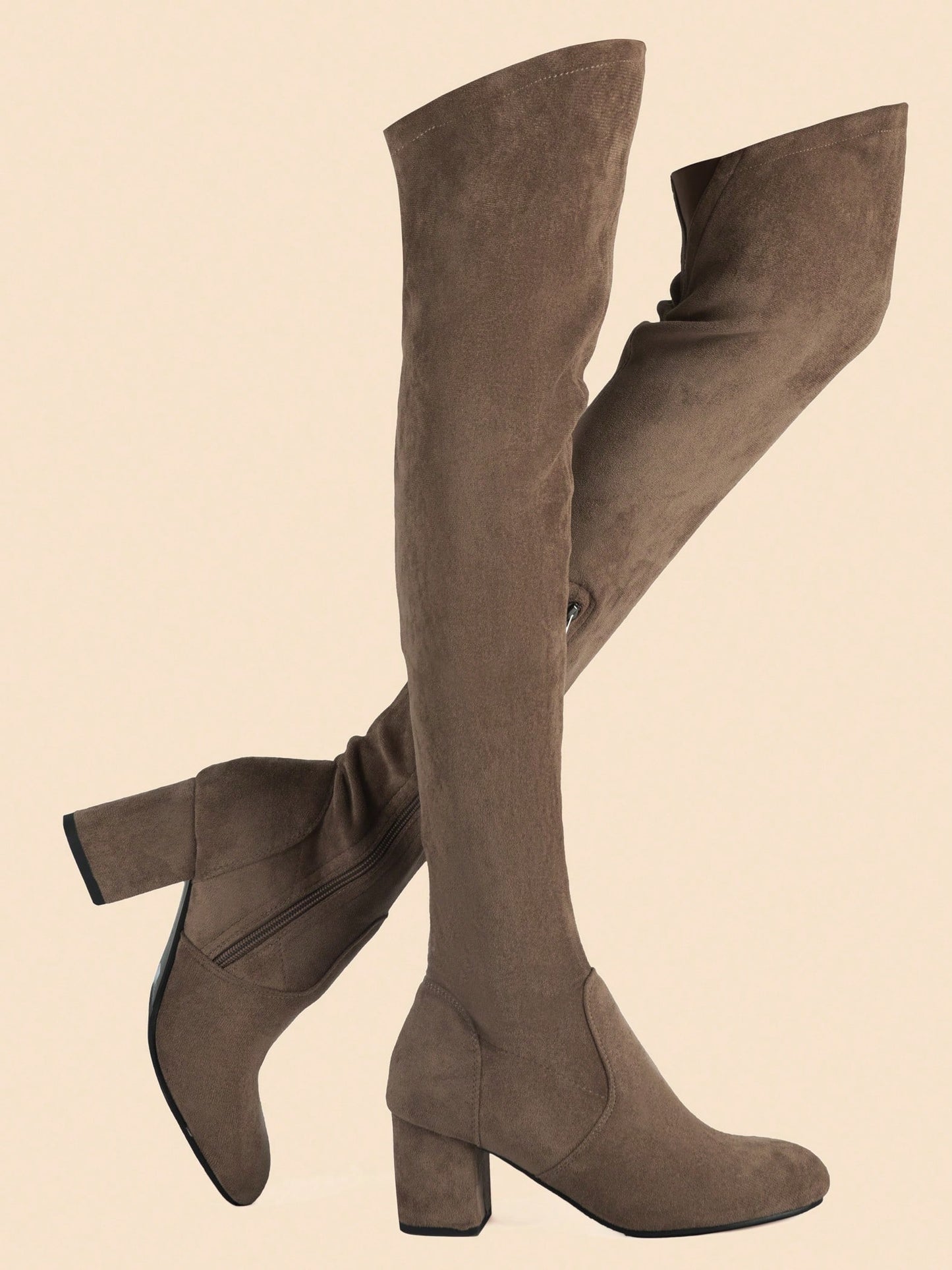 Stretch Suede Thigh High Boots Chunky Heel Over The Knee