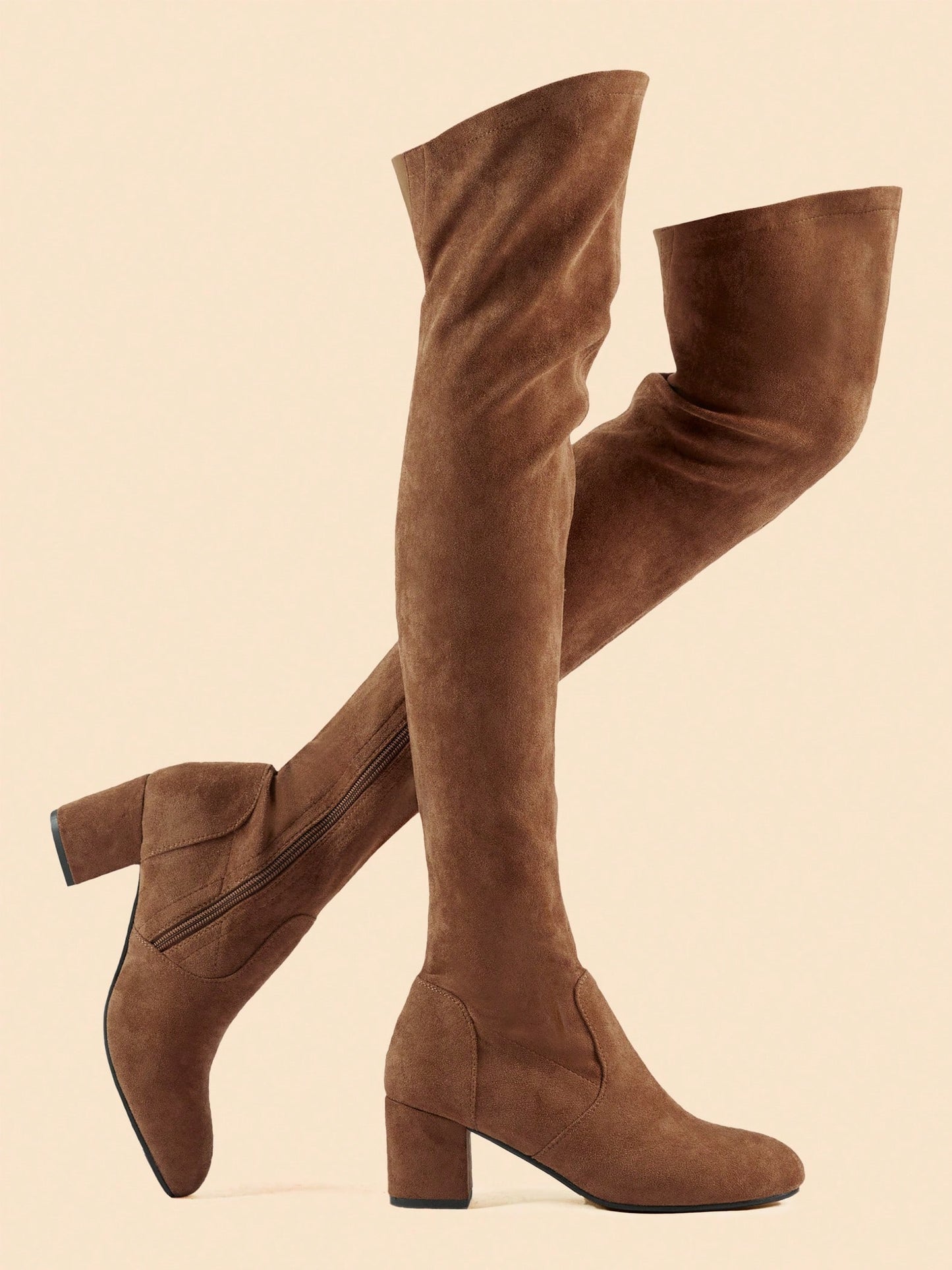 Stretch Suede Thigh High Boots Chunky Heel Over The Knee