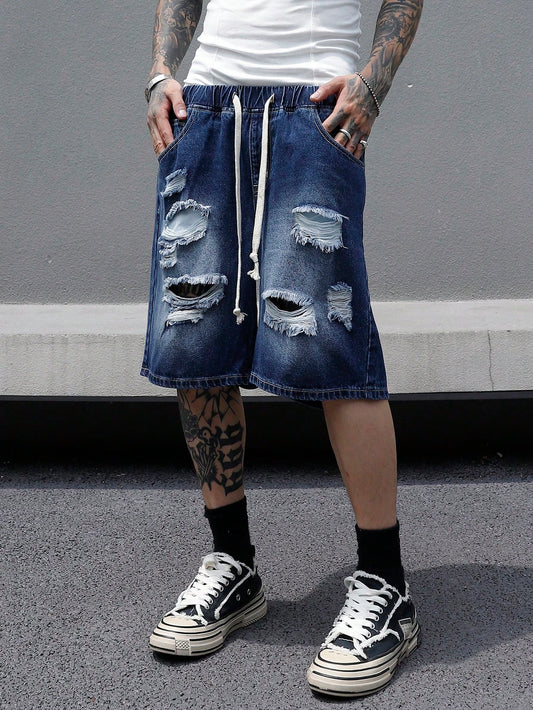 Plus Size Men's Casual Drawstring Waist Distressed Denim Shorts For Summer