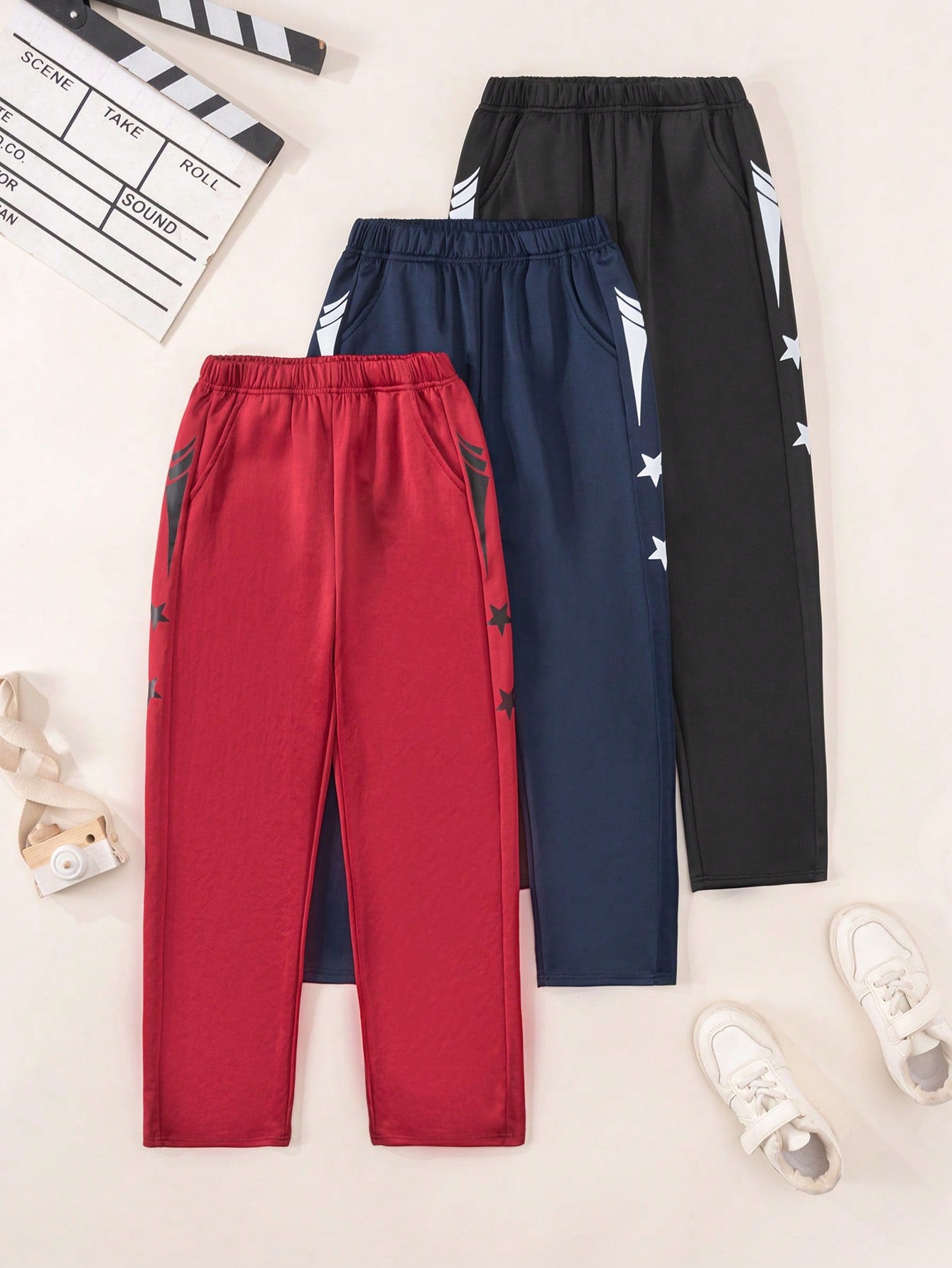 Young Boy's Casual Sports Comfortable Star Printed Long Pants, 3pcs/Set, Multicolor