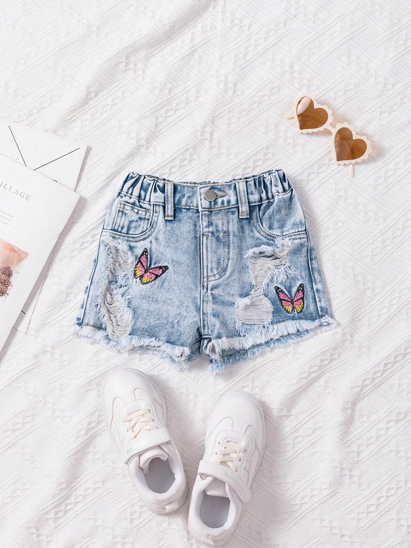 Young Girl Light-Washed Blue Denim Shorts With Butterfly Embroidery, Distressed & Frayed Hemline