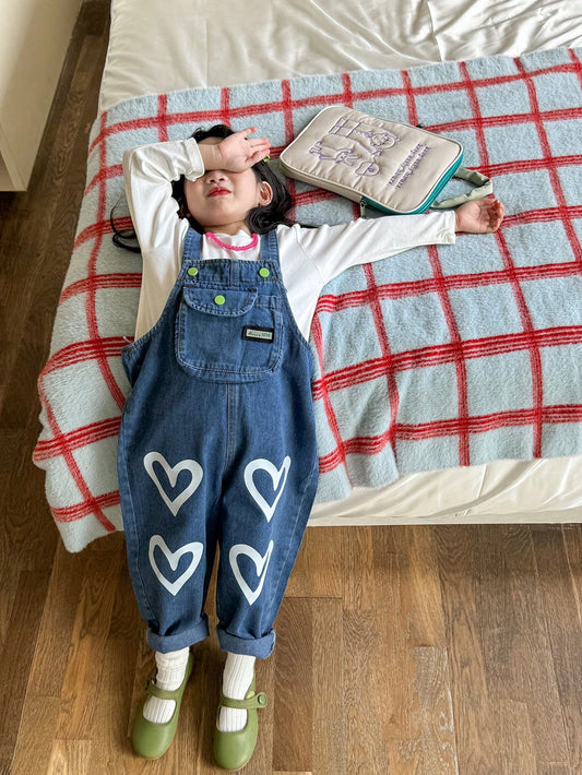 Kids Young Girl Summer Heart Printed Dungarees Decor Casual Denim Jumpsuit