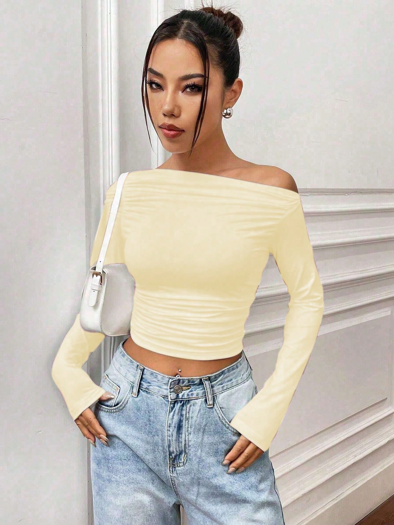 X Mirella Santos Solid Color Uneven Collar Fold Detail Slim Crop Top