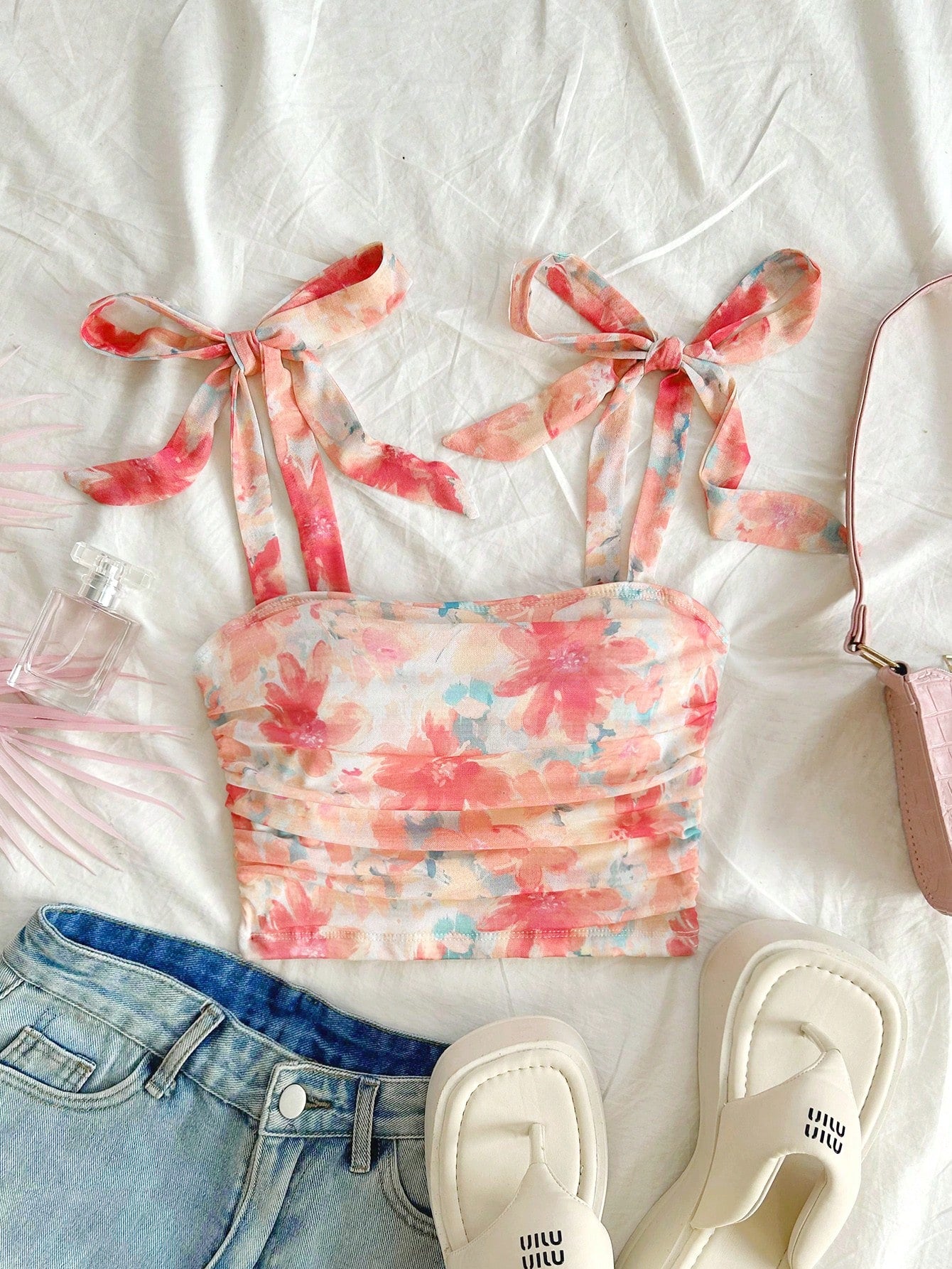 Floral Print Tie Shoulder Ruched Cami Top