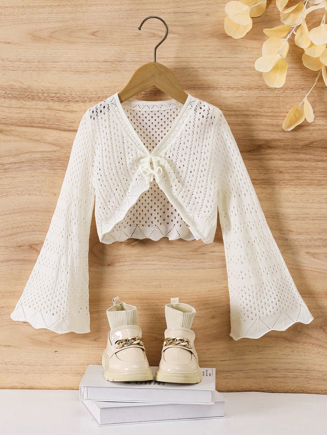 Young Girl Solid Color Sweater Matching Long Sleeve Short Hollow Out Pleated Cropped Cardigan