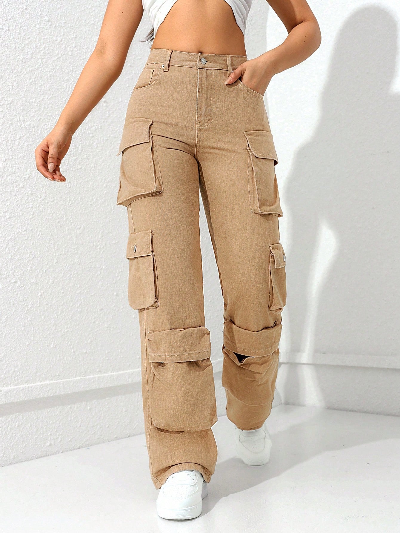 High Waisted Flap Pocket Cargo Jeans