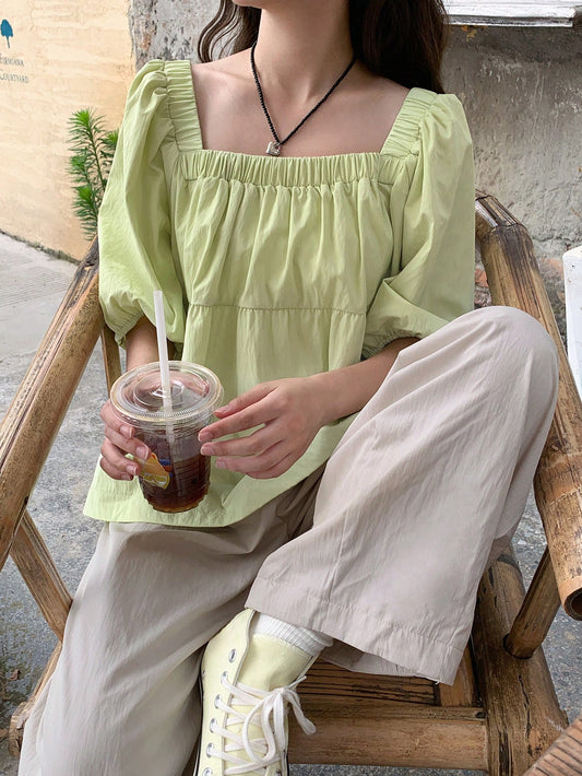 Women's Vacation Casual Solid Color Lantern Sleeve Shirt And Long Pants Set