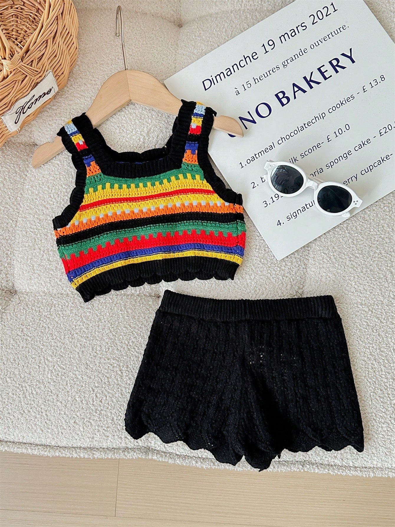 Young Girl Striped Knitted Tank Top And Shorts Set, With Solid Colored Knit Cardigan