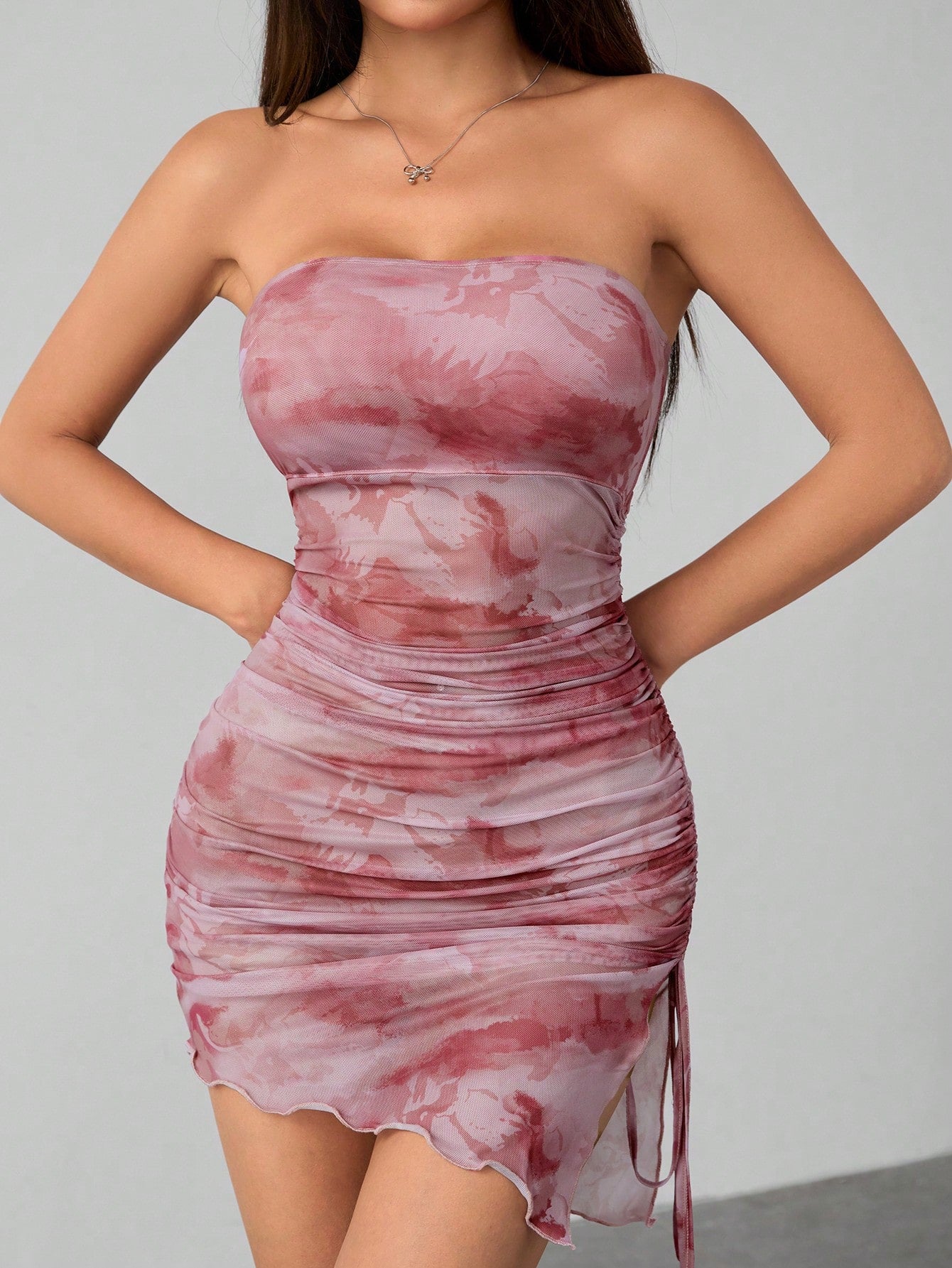 Tie Dye Drawstring Side Ruched Mesh Bodycon Dress For Music Festival Outfits