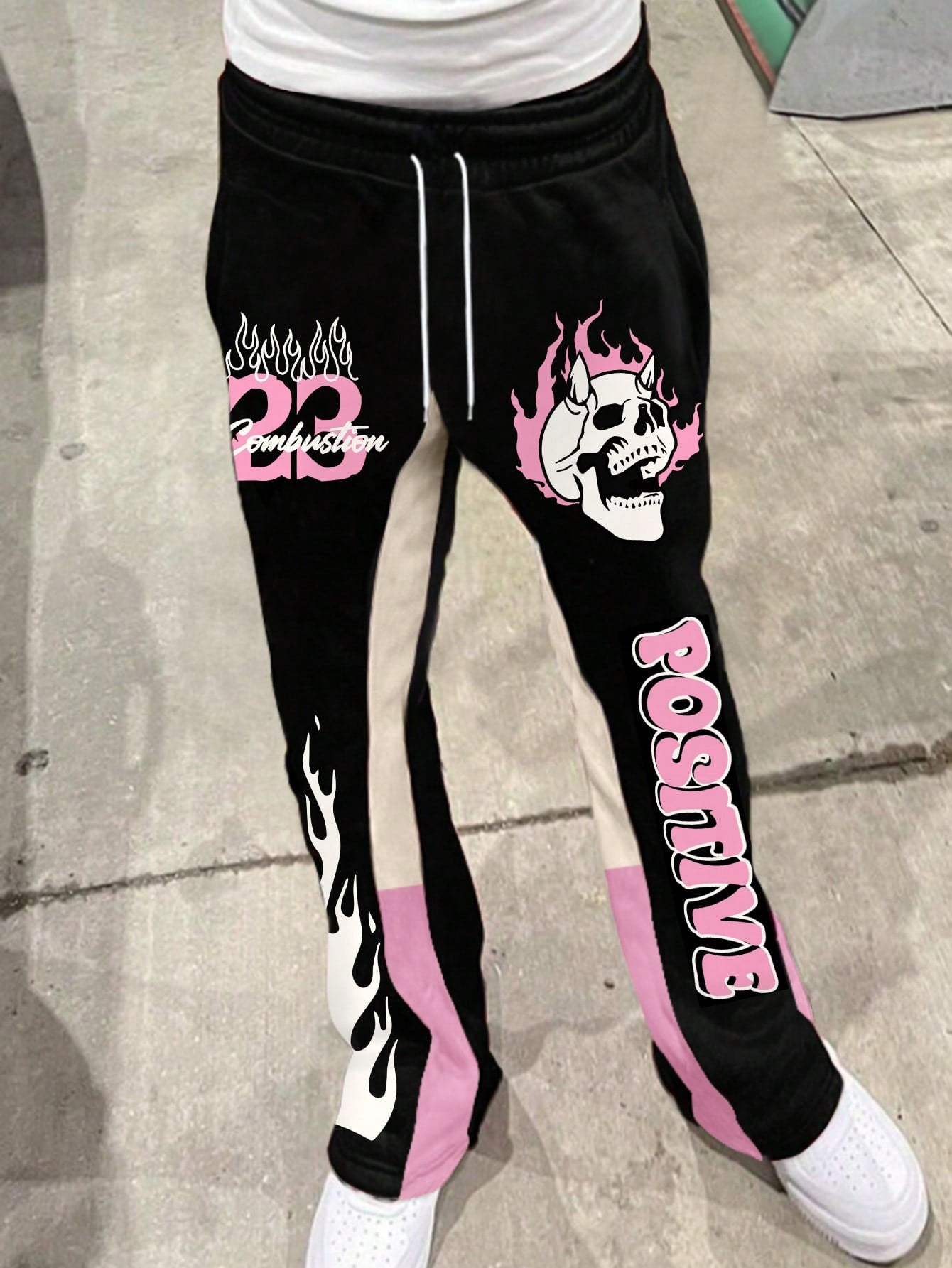 Black Streetwear Color Block Skull Flame Printed Drawstring Jogger Pants